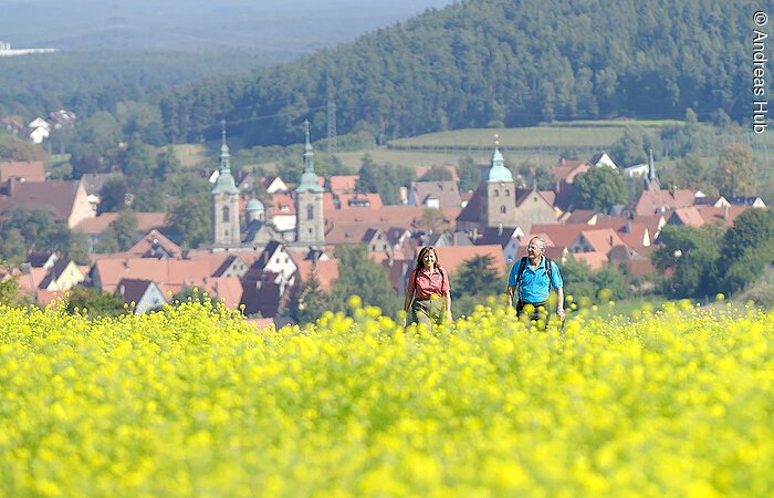 Ab ins "Gelbe" Ein Ehepaar wandert durch ein gelbes Rapsfeld. Im Hintergund die Häuser eines Dorfes.