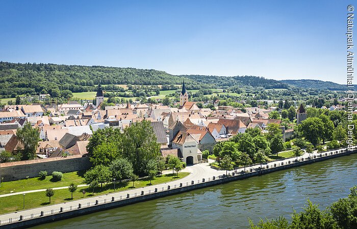Berching Blick auf eine Stadt mit roten Dächern, Flussufer, Bäumen und bewaldeten Hügeln im Hintergrund bei klarem Himmel.